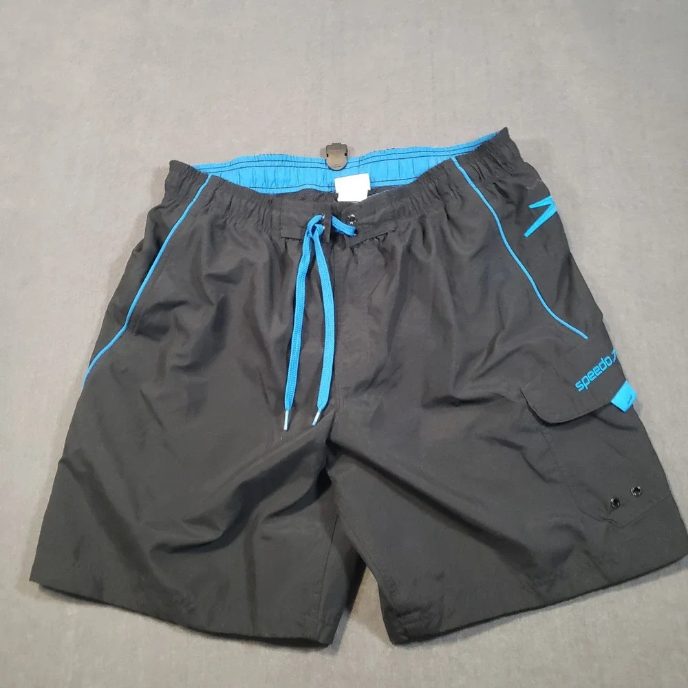 Speedo Swim Trunks Mens Medium Black Blue Cargo Pocket Lined Board Shorts